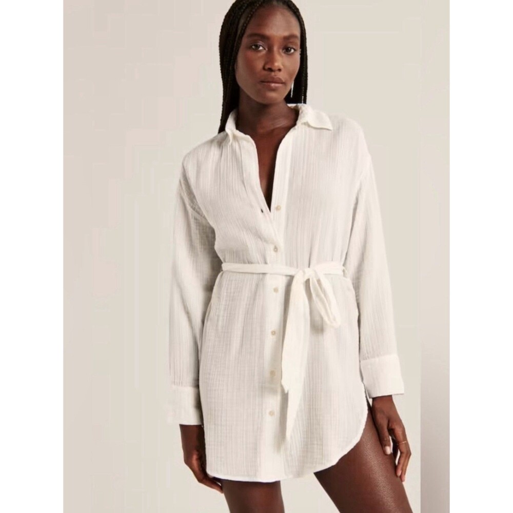 Abercrombie & Fitch White Cotton Gauze Shirtdress Swim Cover Up Oversized XS